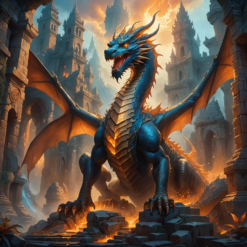 Dragon Amidst Mystical Ruins in Dramatic Fantasy Art