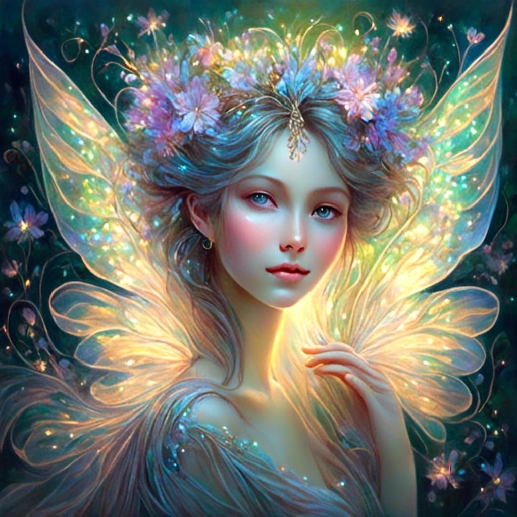 Whimsical Fairy with Filigree Glowing Wings
