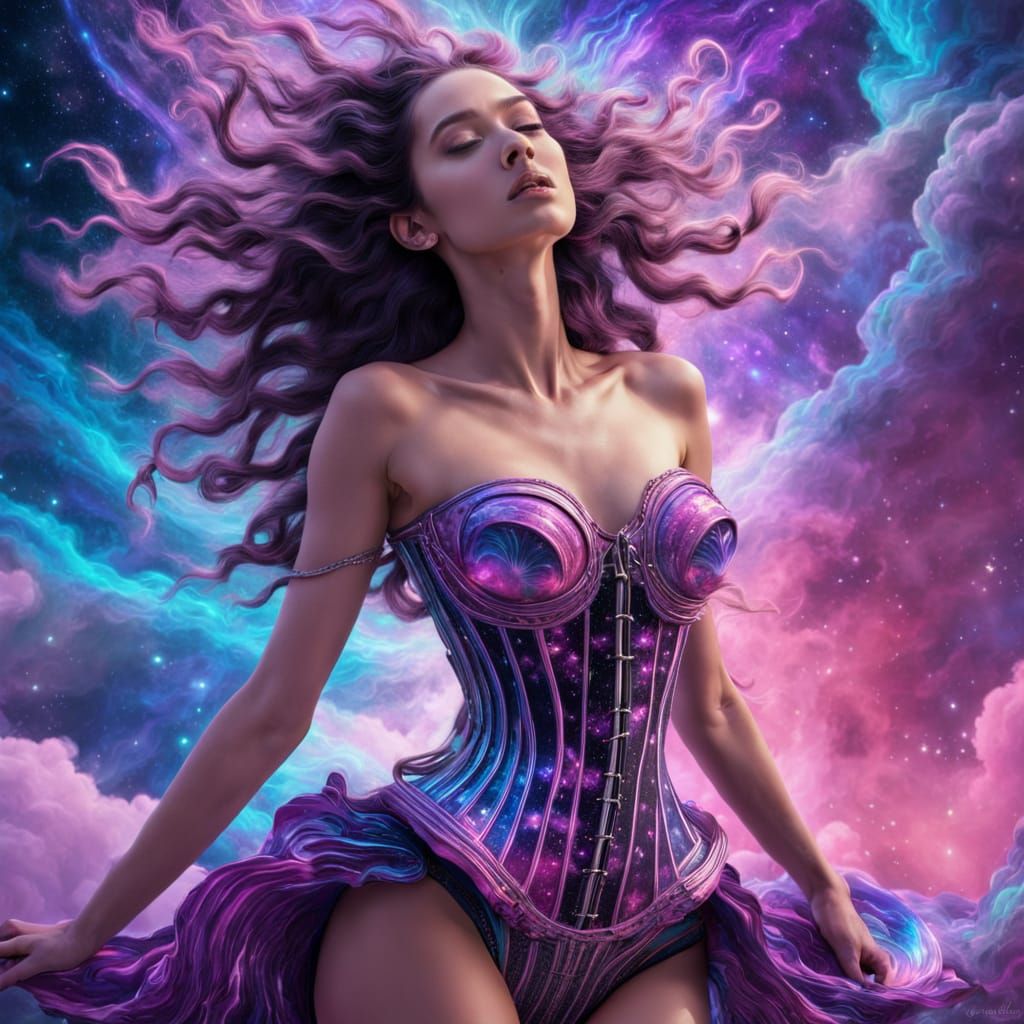 Androgynous Woman in Cosmic Dress: A Surreal Space Dream