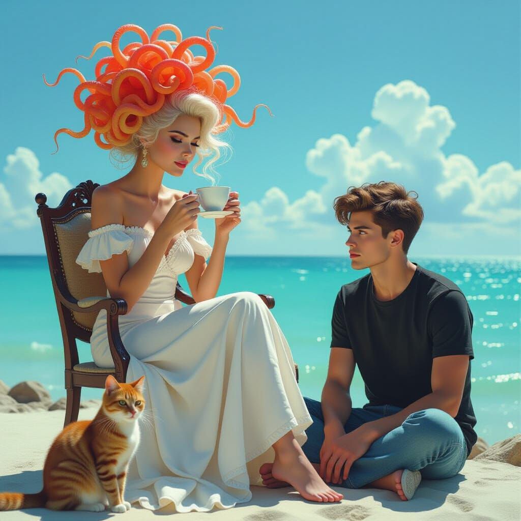 Woman With Snake Hair Sips Tea by the Sea