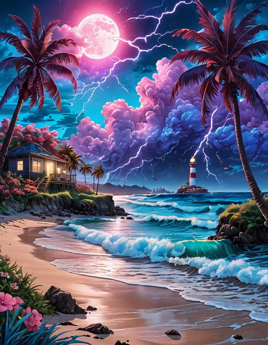Vaporwave Beach with Lightning in Metallic Ink