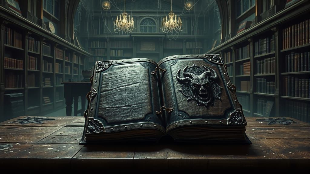 Victorian Library with Demonic Grimoire in Grim Dark Style