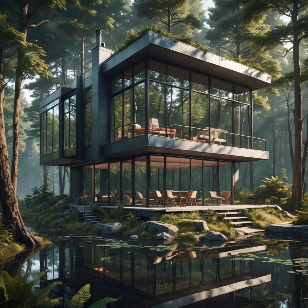 Hyperrealistic Vacation House in Forest: Postmodern Architec...