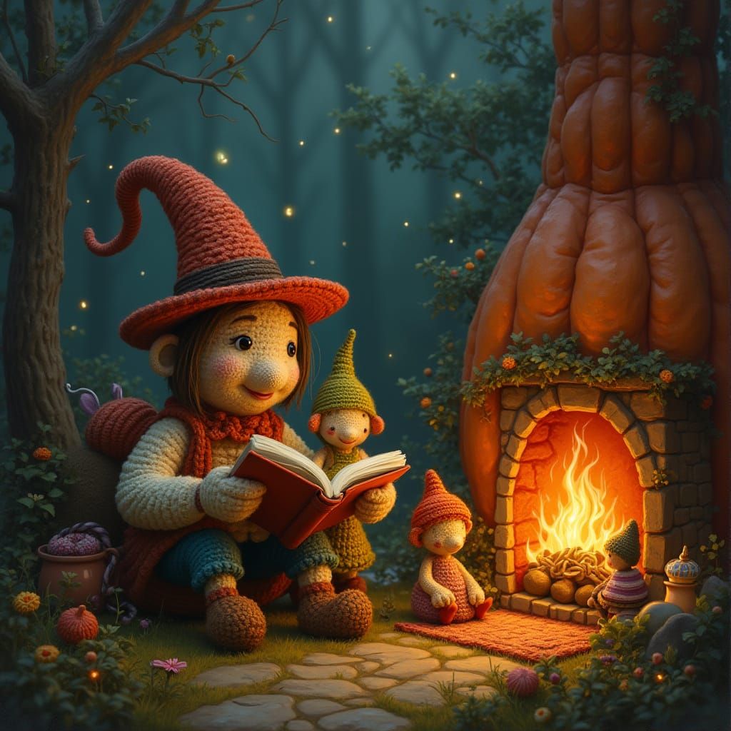 Mushroom Family in Pumpkin Home, Oil Painting Style