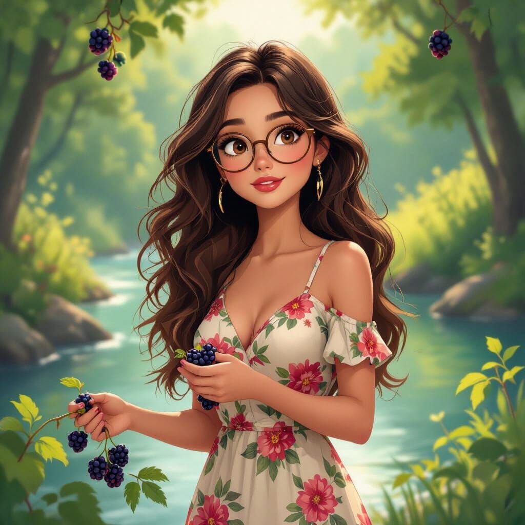 Brunette Picking Blackberries in Painterly Digital Animation