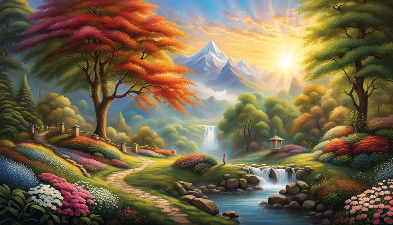 Peaceful, utopian world, expressions of love and caring for one another, beauty and light abounds, kindness everywhere, ...