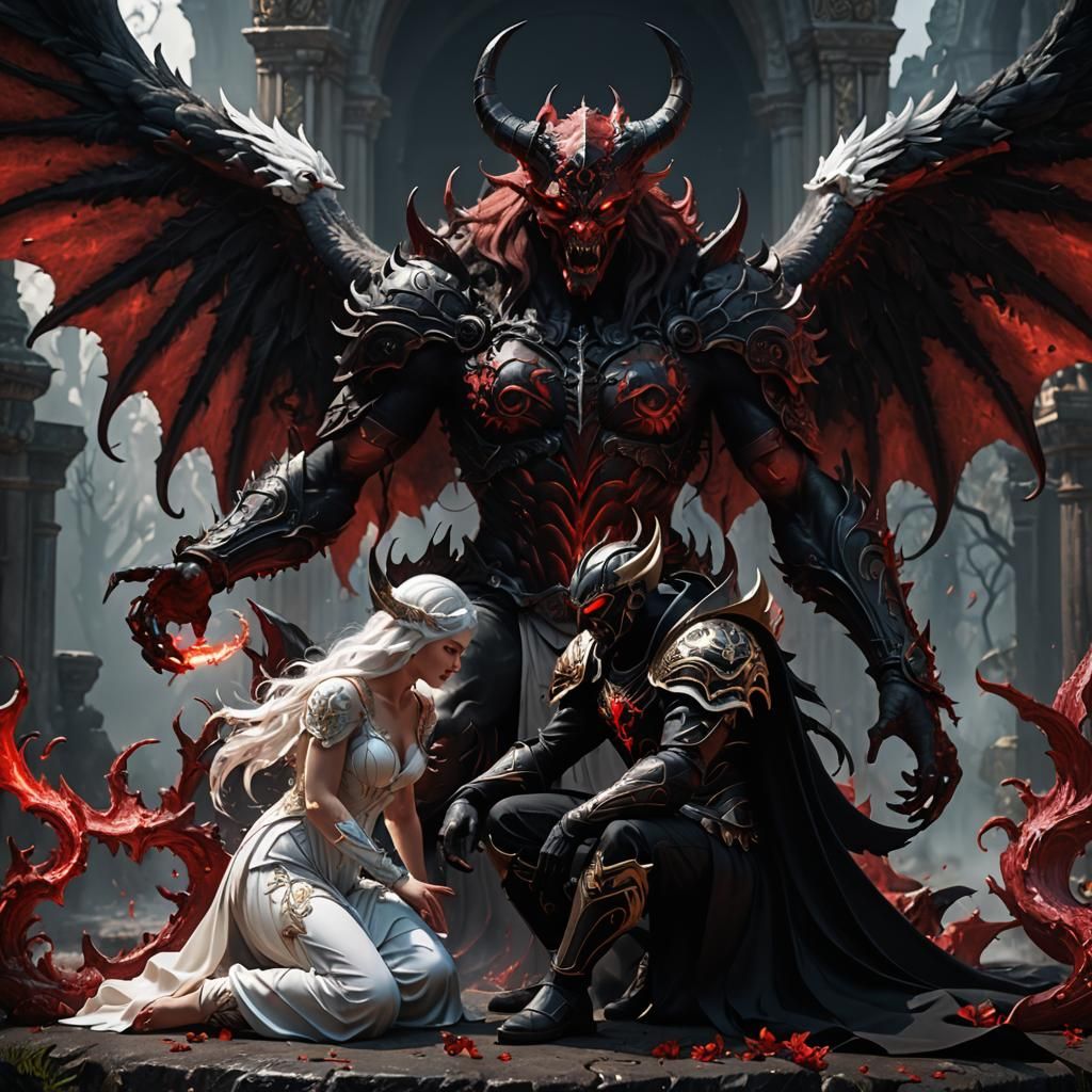 Demon Kneeling Before Angel: Fantasy Concept Art