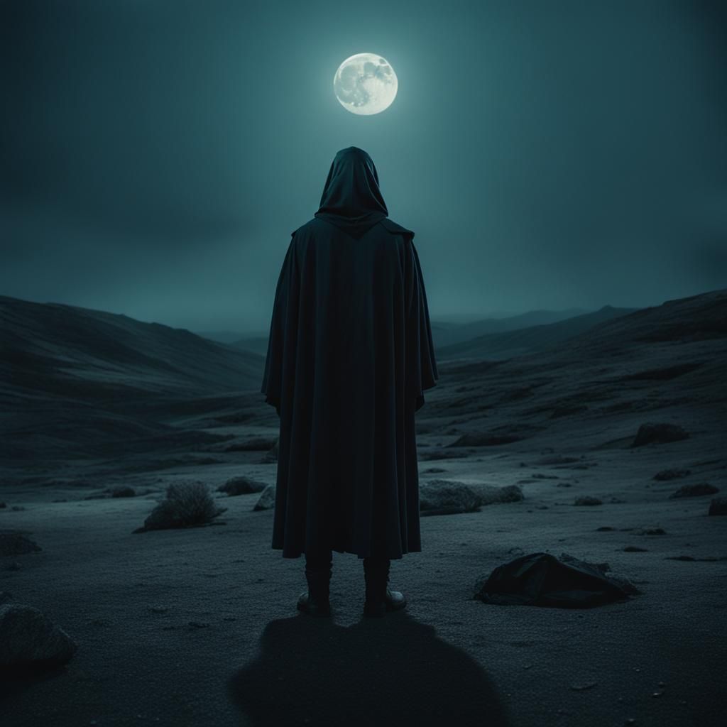 Dramatic Film Still of Death in Moonlit Wasteland