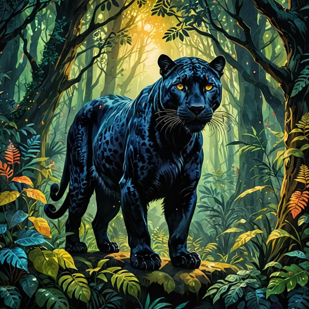 Mystical Panther in Ethereal Forest: Fantasy Art
