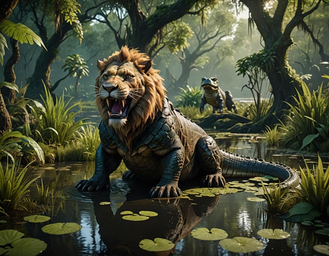 Lion Alligator Hybrid in Swamp: 3D Game Cinematic