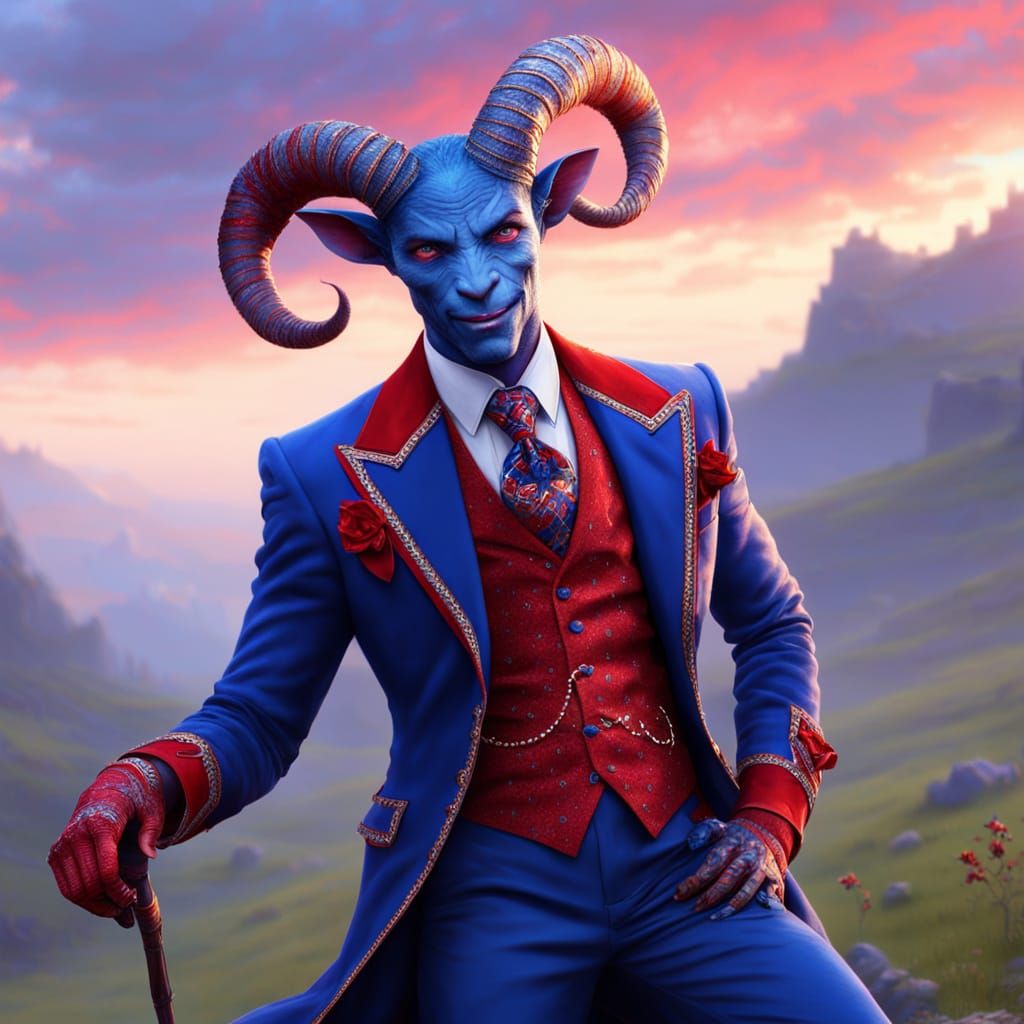 Ethereal Tiefling in Opulent Fantasy Suit