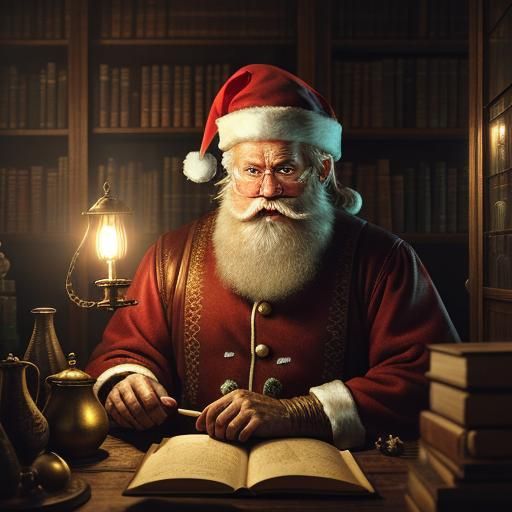 Hyperrealistic Portrait of Santa Claus in Dimly Lit Room
