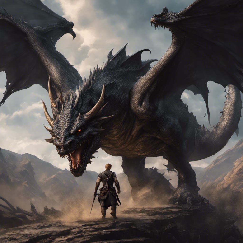 Athletic Man Rides Black Dragon in Dark Fantasy Art