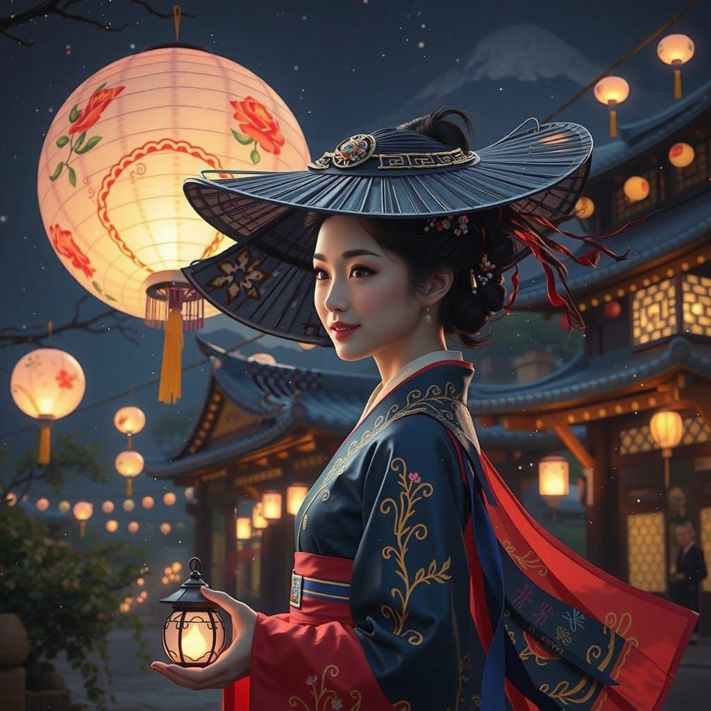Ethereal Korean Beauty Walks Under Vibrant Lanterns at Night