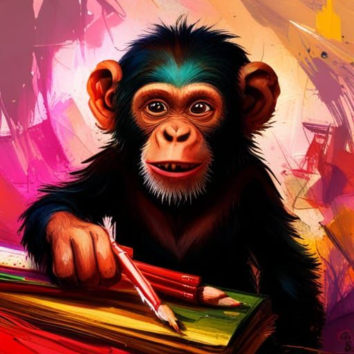 Adorable Chimp Plays with Crayons: Hyperrealistic Art