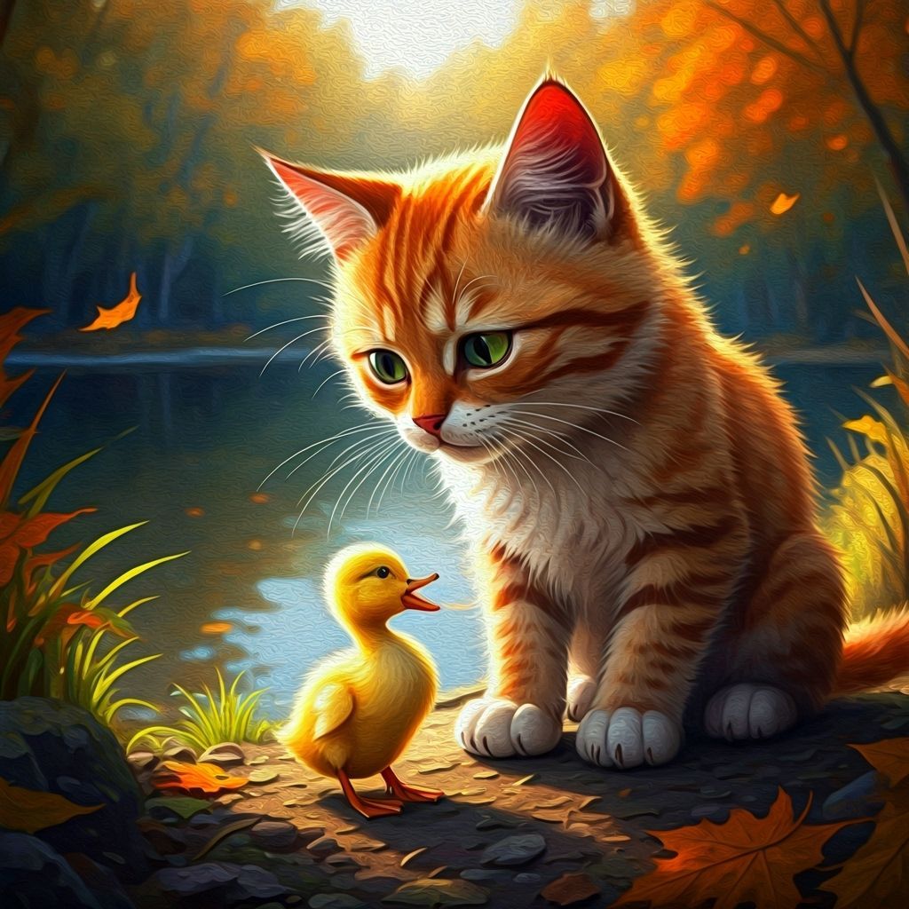 Orange Battle Cat Boops Duckling in Watercolor Style
