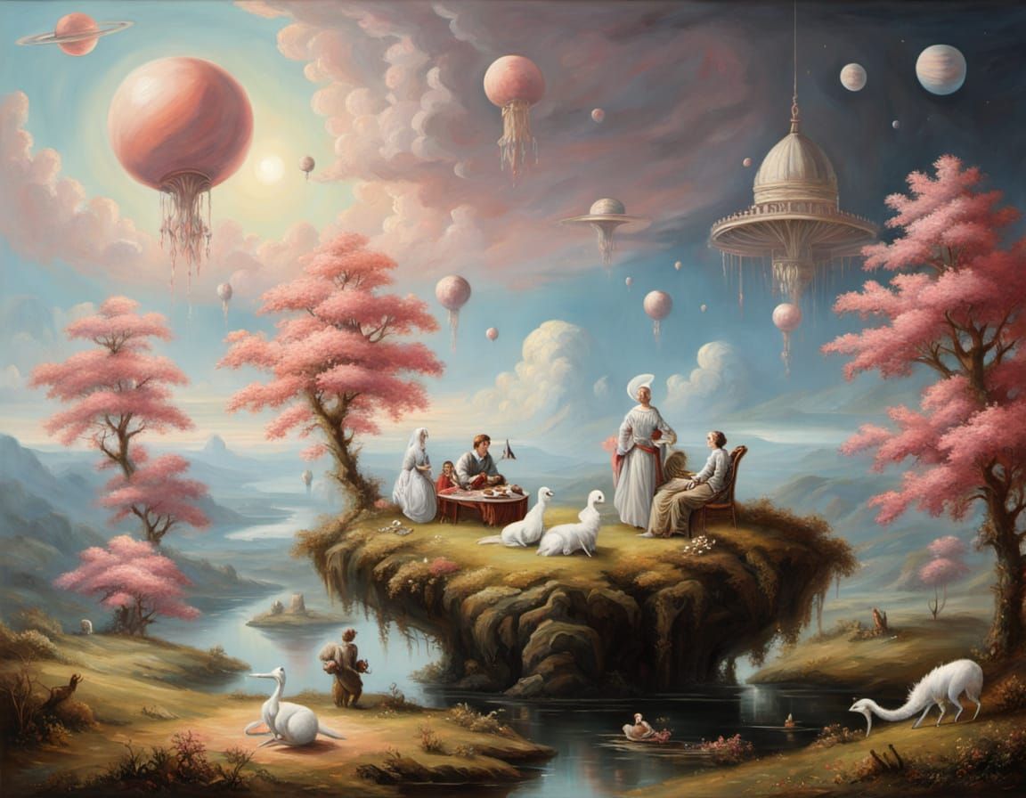 Rococo Extraterrestrial Paradise with Whimsical Creatures