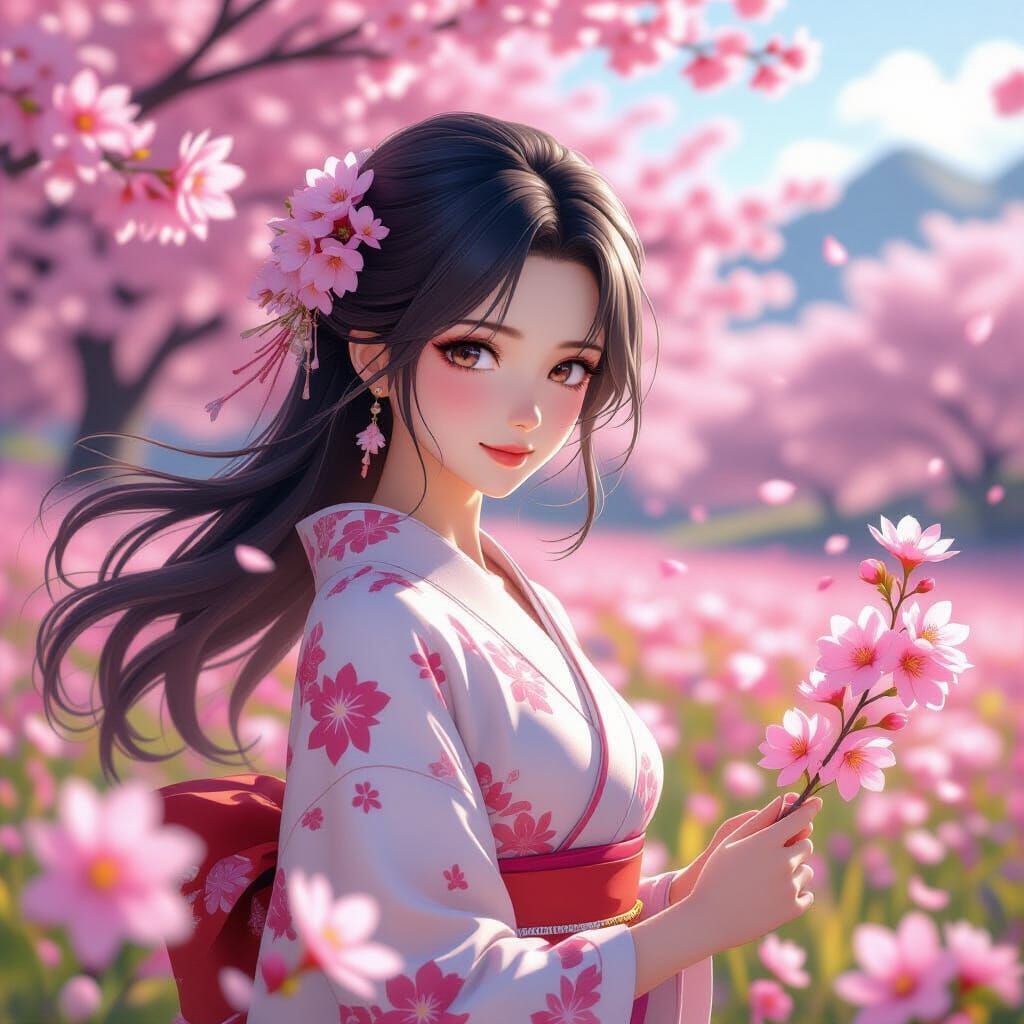Serene Japanese Woman in Cherry Blossom Field 3D Anime Art