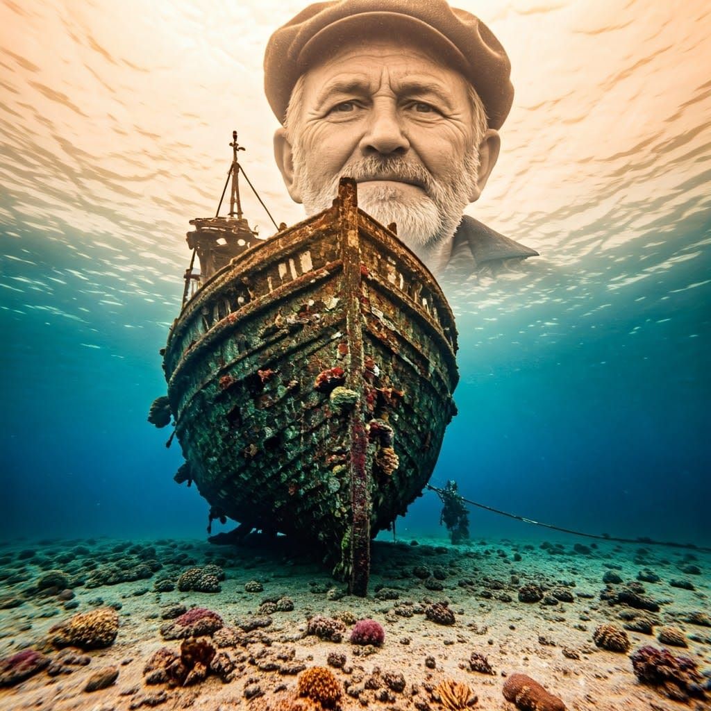 Wrecked Fishing Boat on Ocean Floor in Dreamy Surrealism