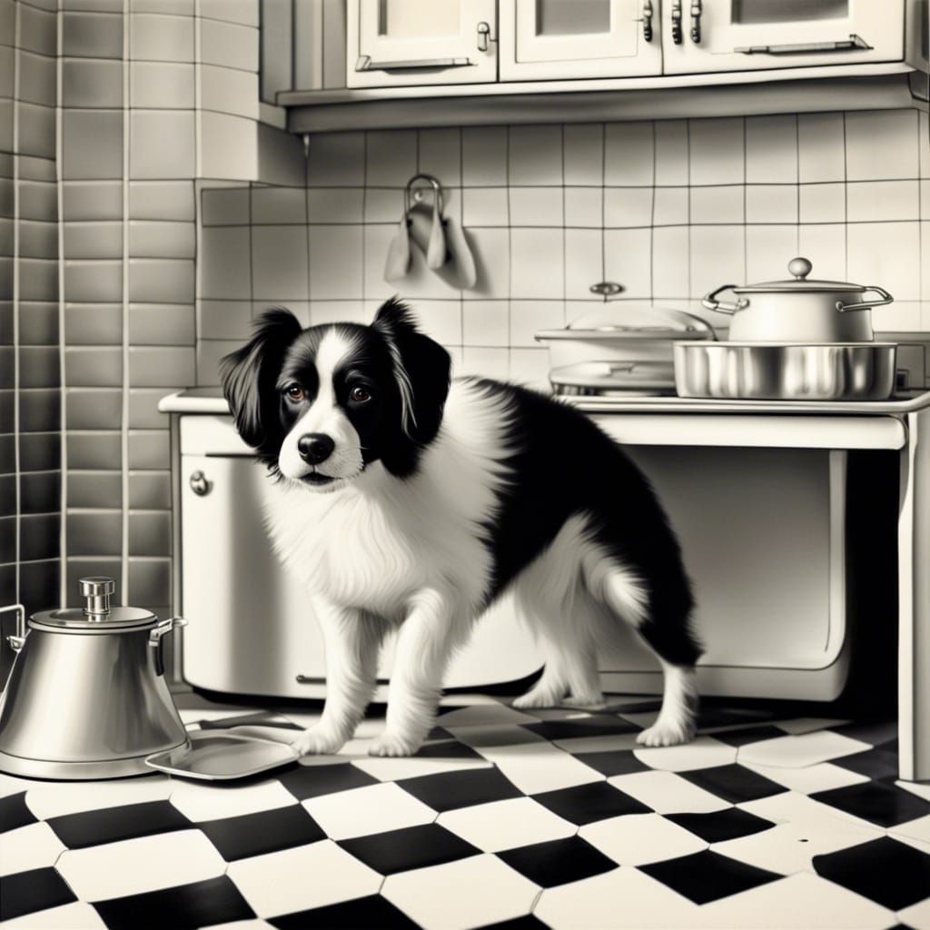 Hyperrealistic Dog in Vintage 50's Kitchen