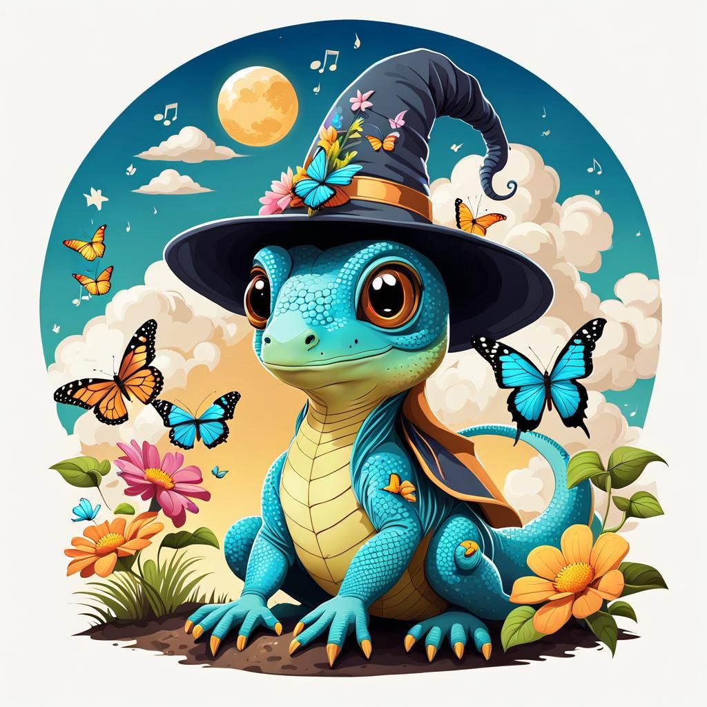 Cartoon Lizard Wizard with Flowers and Butterflies