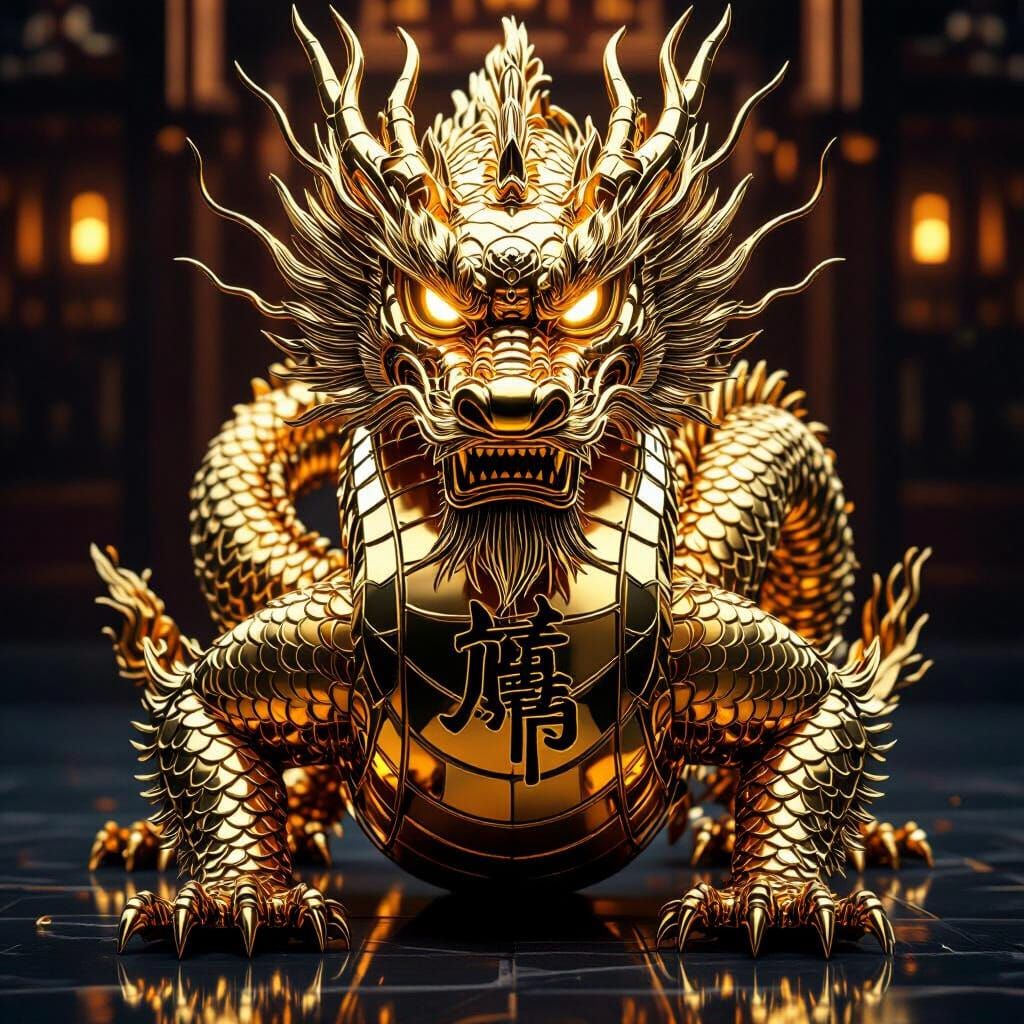 Reflective Gold Chinese Dragon with Calligraphy