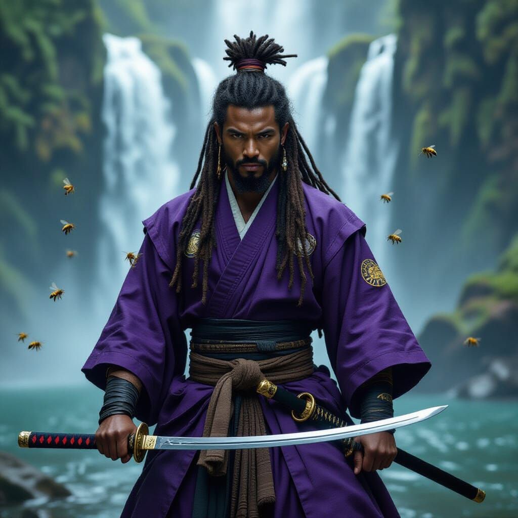African Samurai Warrior with Sword by Waterfall