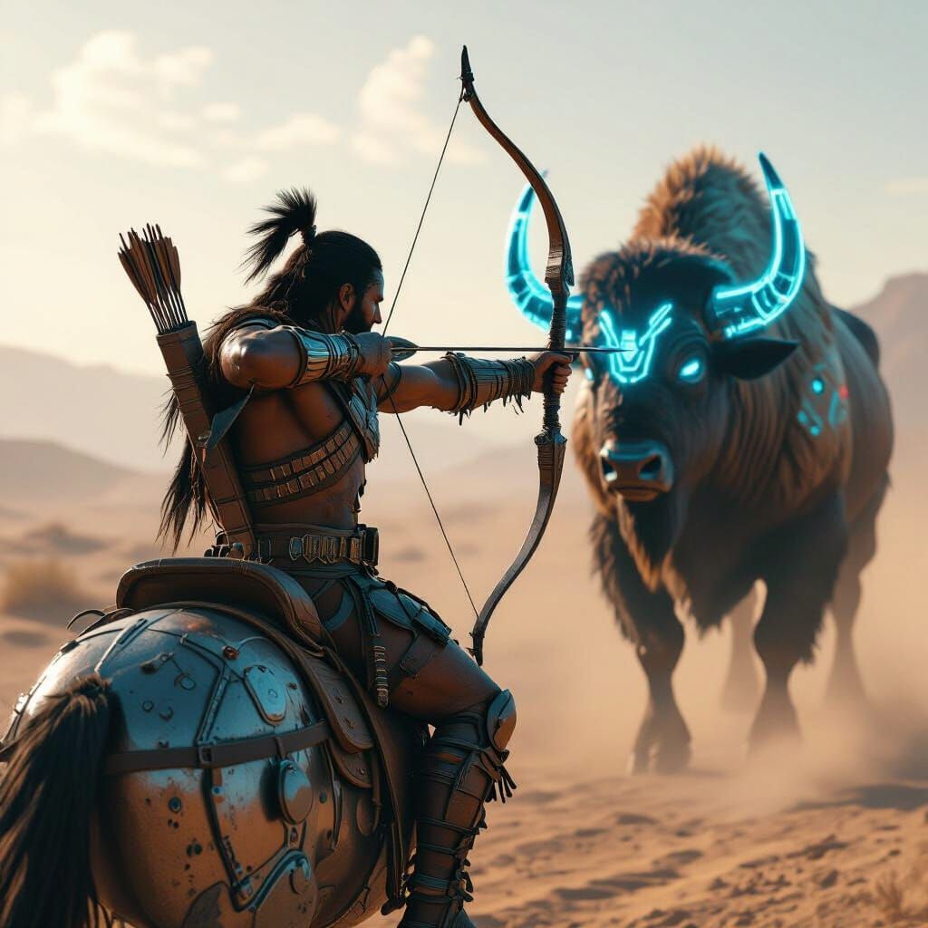 Cyberpunk Warrior on Metallic Horse in Desert
