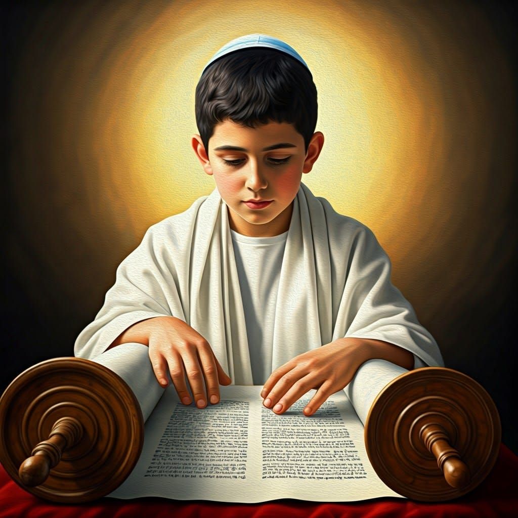Serene Boy Unfurls Torah Scrolls in Soft Golden Light