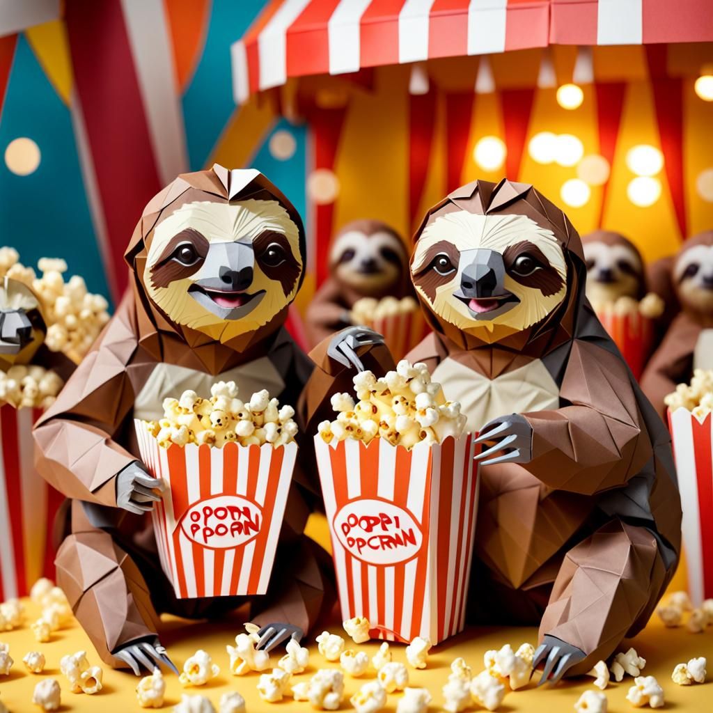 Sloths Enjoying Popcorn: Origami Papercraft Carnival