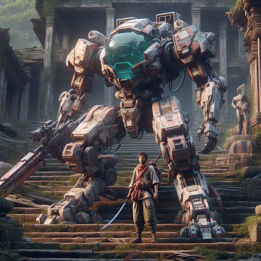 Humanoid Figure on Mech at Decimated Temple