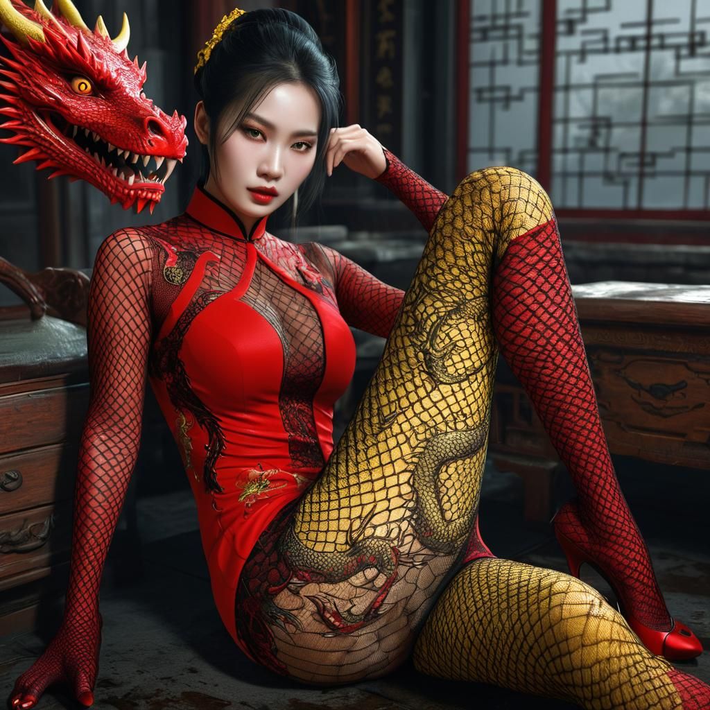 Deadly Dragon Lady in Red: Digital Art