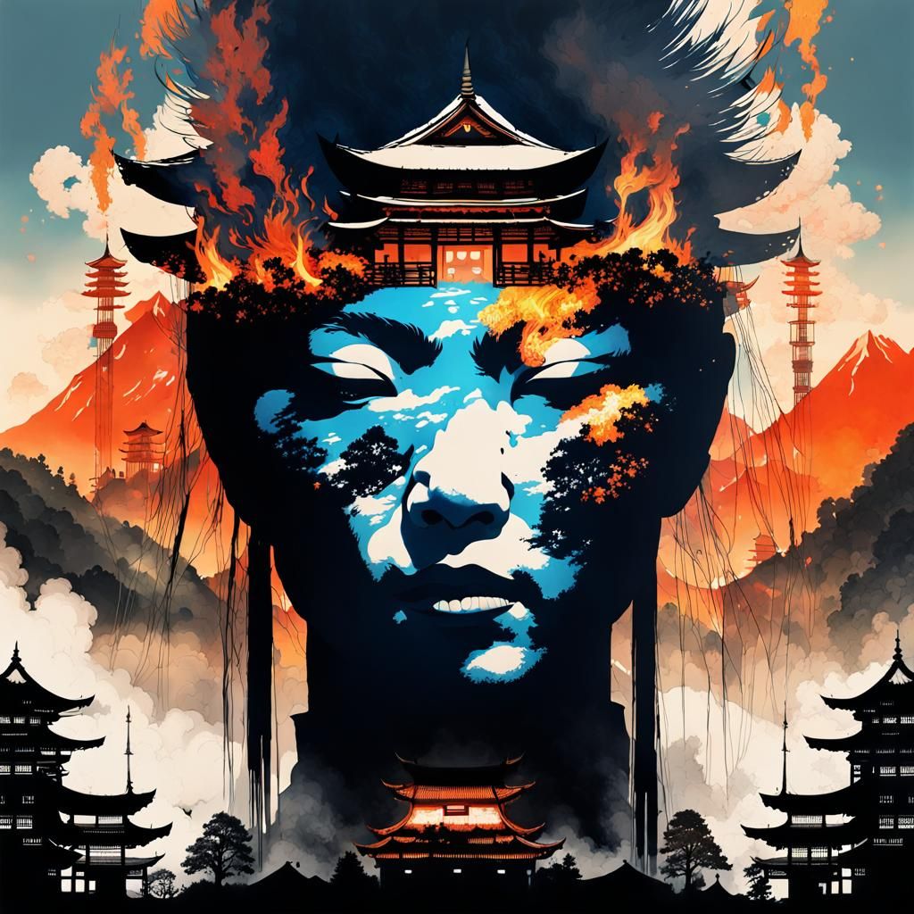 Burning Village: Double Exposure Fire Mage Portrait