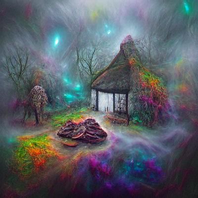 Cosmic Witch's Cottage in Foggy Woods