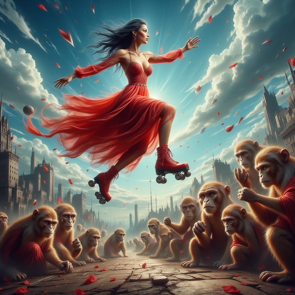 Woman on Skates Jumps Monkeys: Dreamlike Art