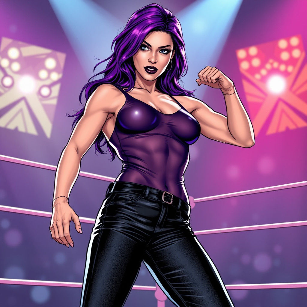Female Wrestler with Purple Hair in Comic Book Style