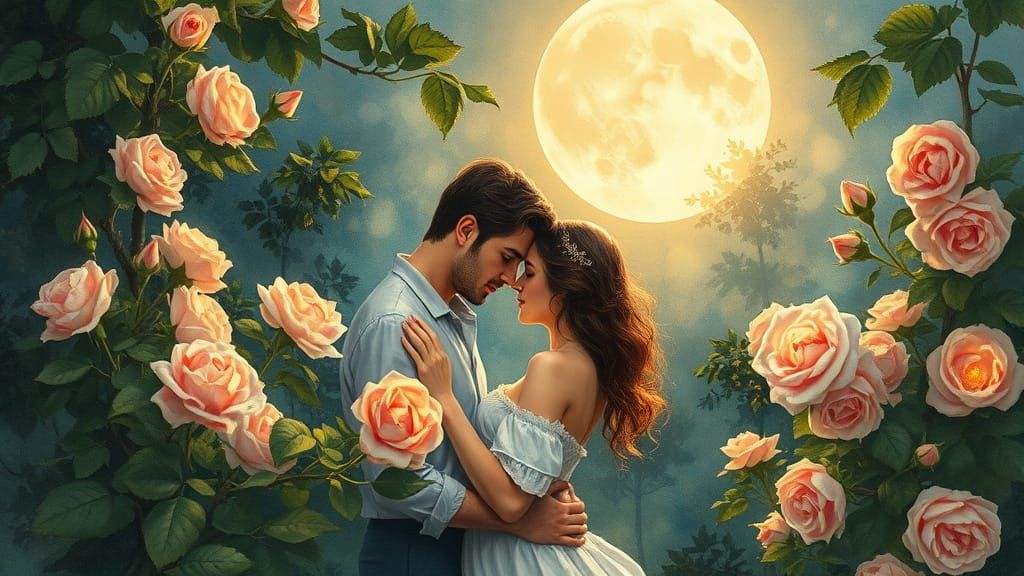 Romantic Moonlit Garden Kiss in Watercolor Style