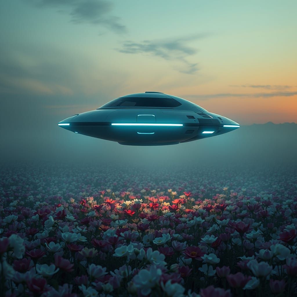 Futuristic Hovercraft Floats Above Flower Field