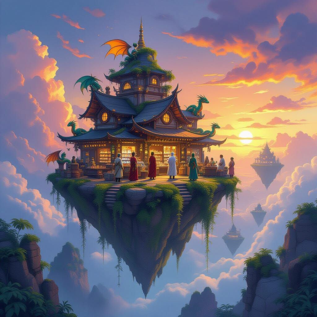 Floating Island Marketplace with Dragons in Sunset Sky