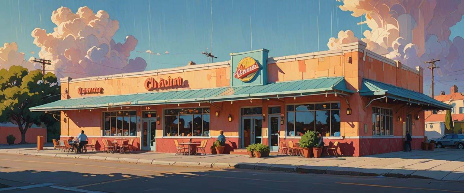 Chain Restaurant in Gouache Style with Volumetric Lighting
