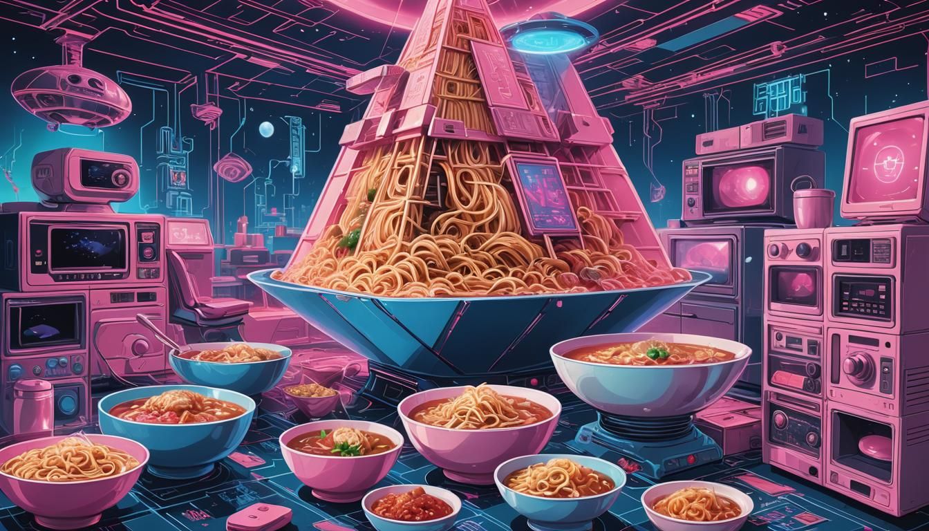 Retro Sci-Fi Noodle Soup Pyramid in Electric Blue