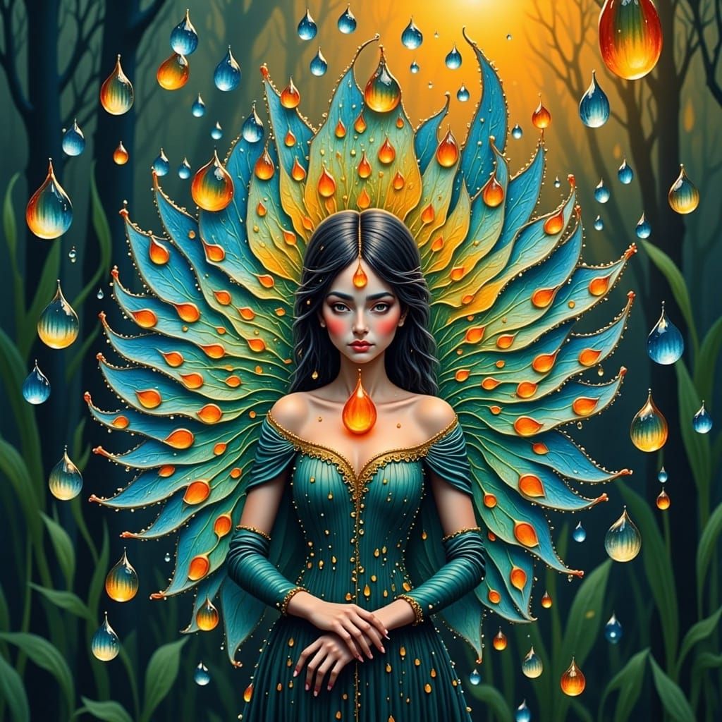 Surreal Peacock Woman in Dewdrop Kaleidoscope