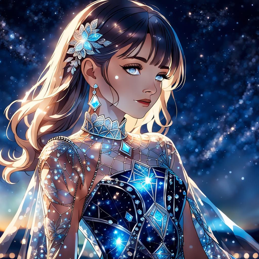 Woman in Transparent Glass Dress, Night Sky