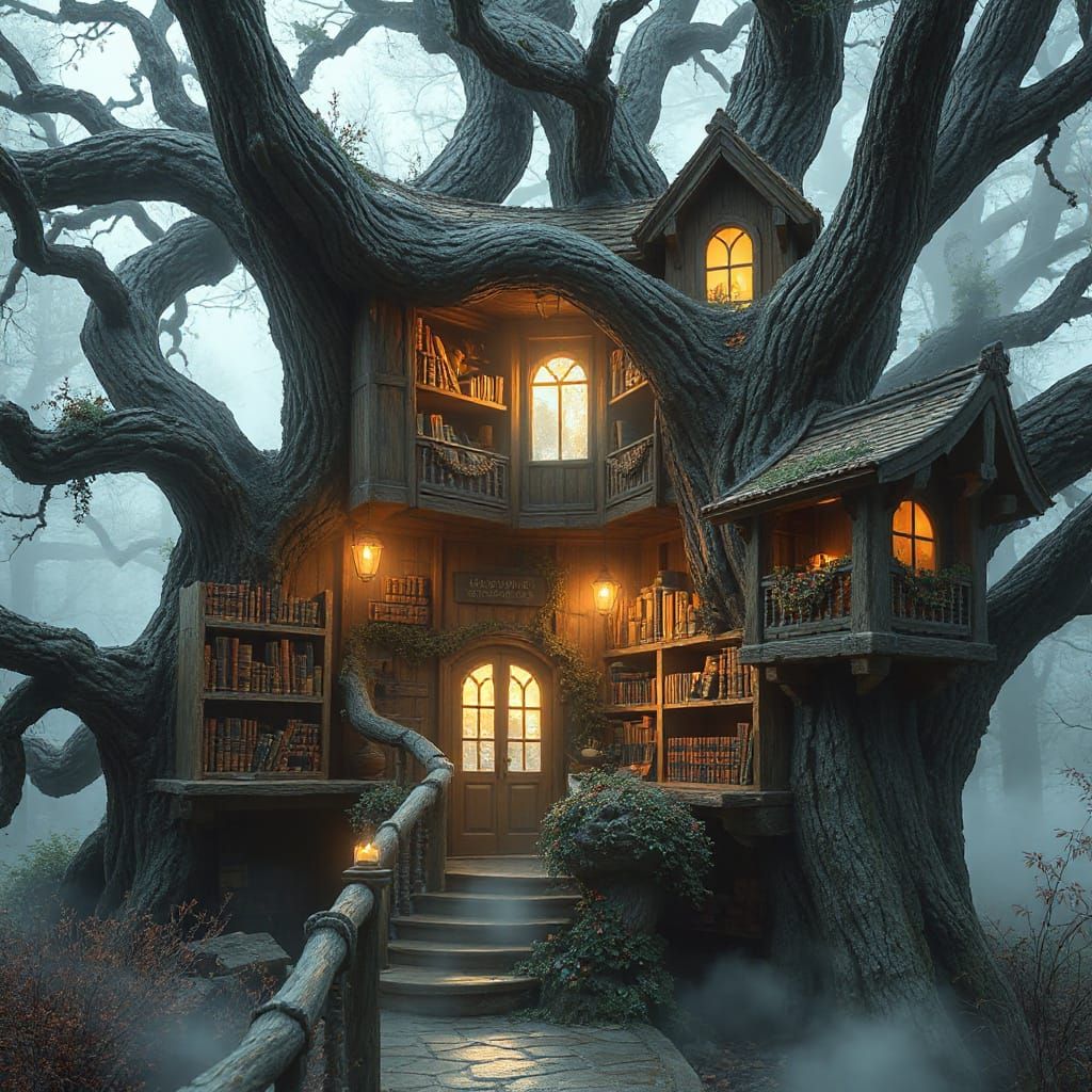 Whimsical Treehouse Library in Ethereal, Hyperrealistic Styl...