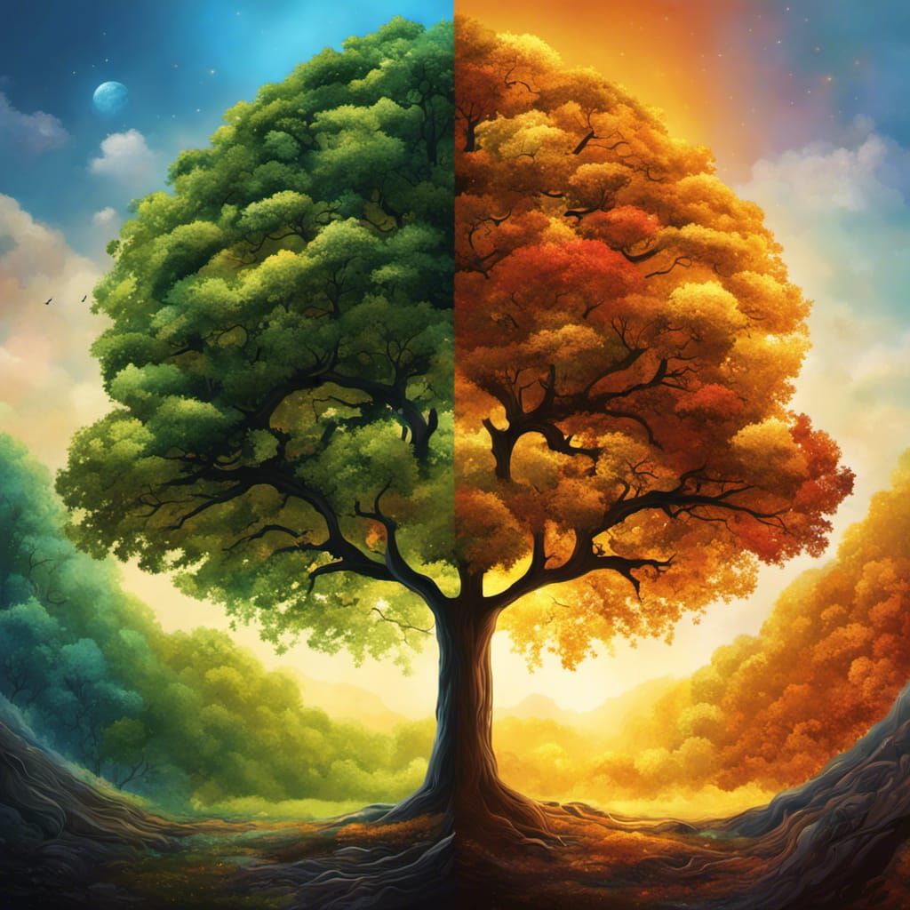 Four Seasons Tree in Hyperrealistic Splash Art