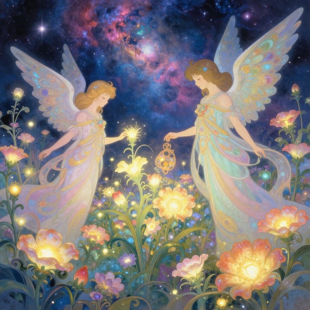 Celestial Garden with Angels and Nebula Sky