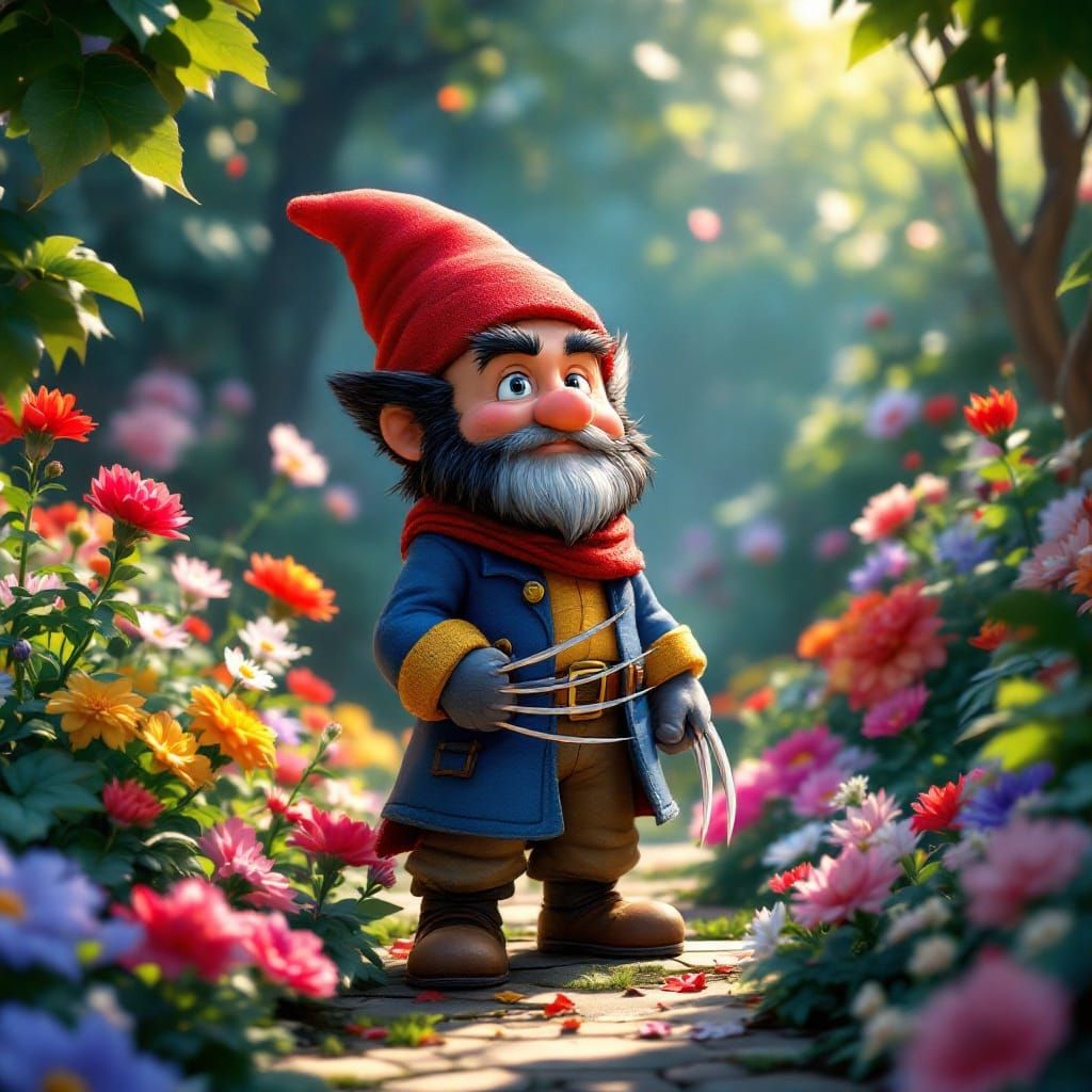 Wolverine Gnome in Whimsical Garden Studio Ghibli Style