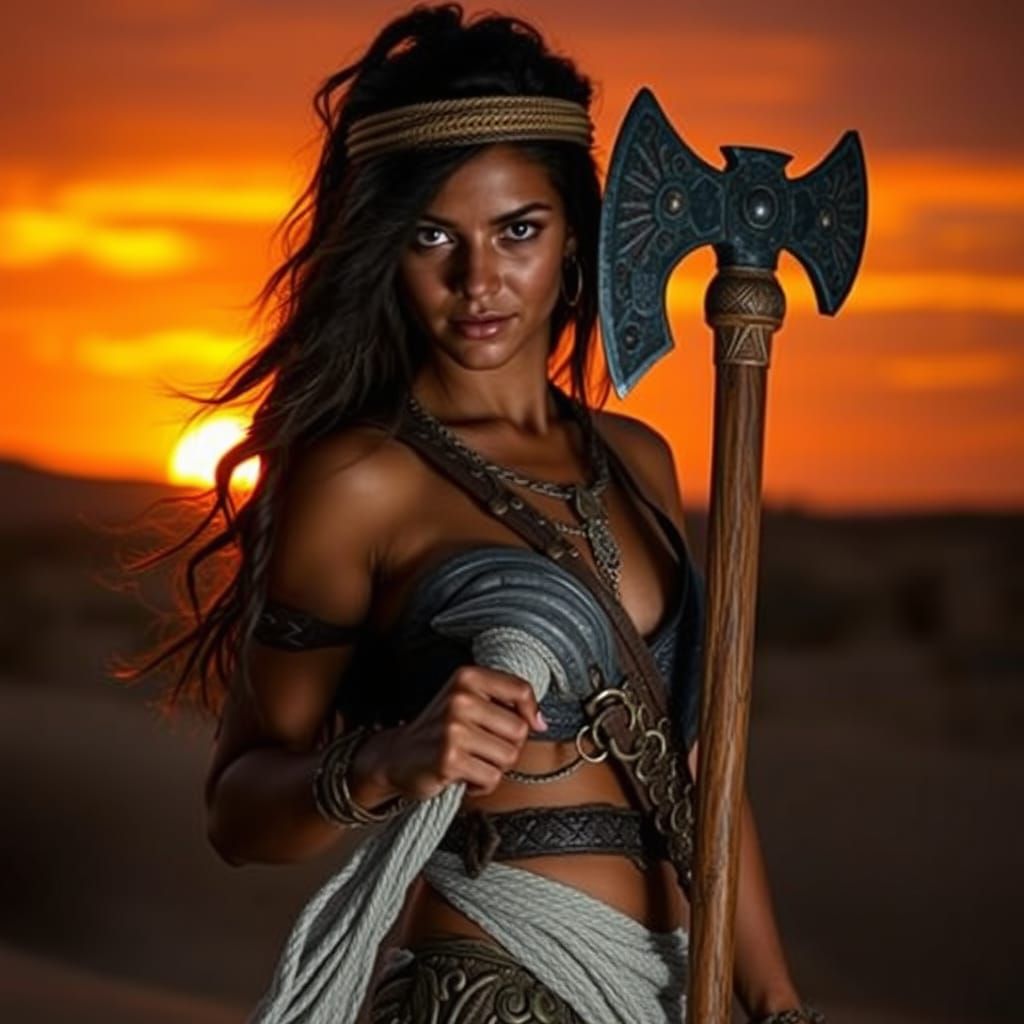 Savage Barbarian Warrior Stands Tall Under Desert Sunset