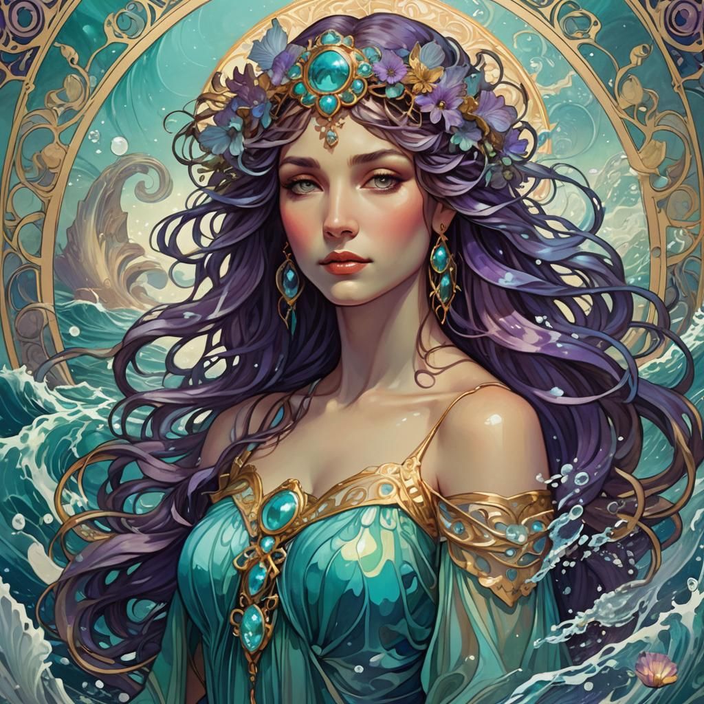 Water Goddess Portrait in Art Nouveau Style