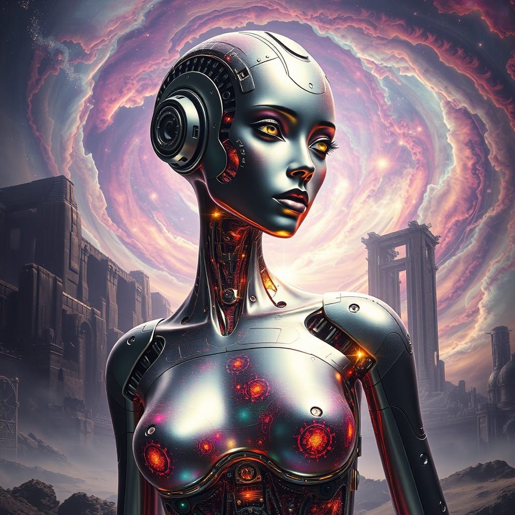 Biomechanical Android Goddess Emerges from Nebula